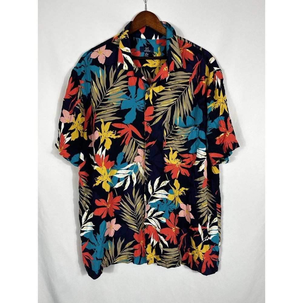 George Button Up Tropical Print Shirt Button All Over Floral Vacay Beach Mens XL